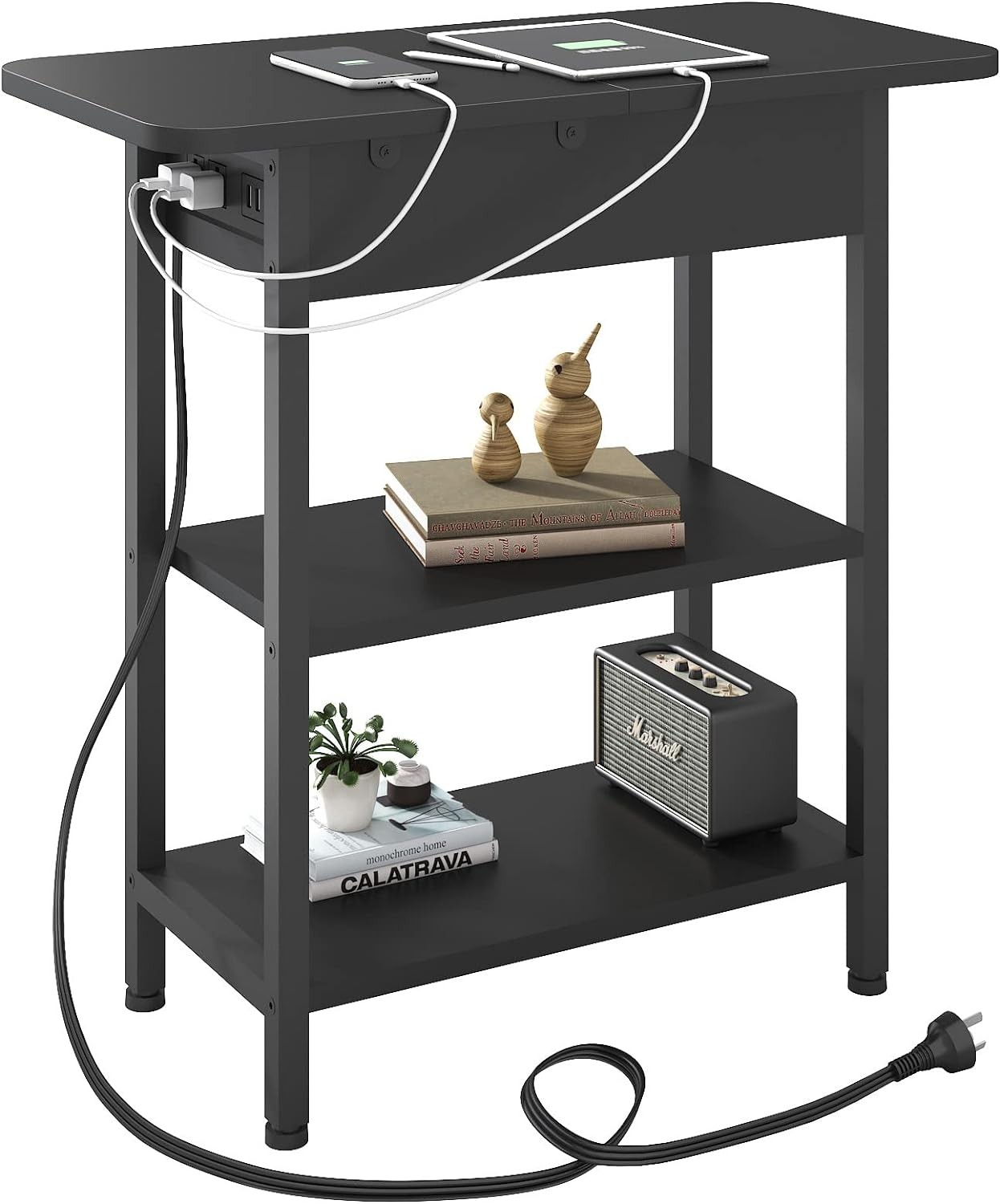 LIDYUK End Table with Charging Station, Flip Top Side Table with USB Ports and Outlets, Nightstand for Small Spaces, Bedside Tables with Storage Shelf for Living Room, Bedroom, Dark Cherry