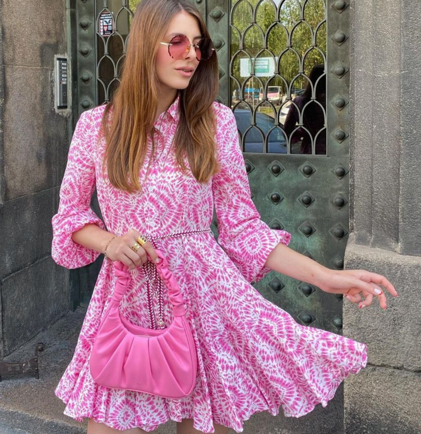 ZARA PINK TIE DYE FLORAL PRINTED MINI SHIRT DRESS VOLUMINOUS RUFFLE SKATER SKIRT